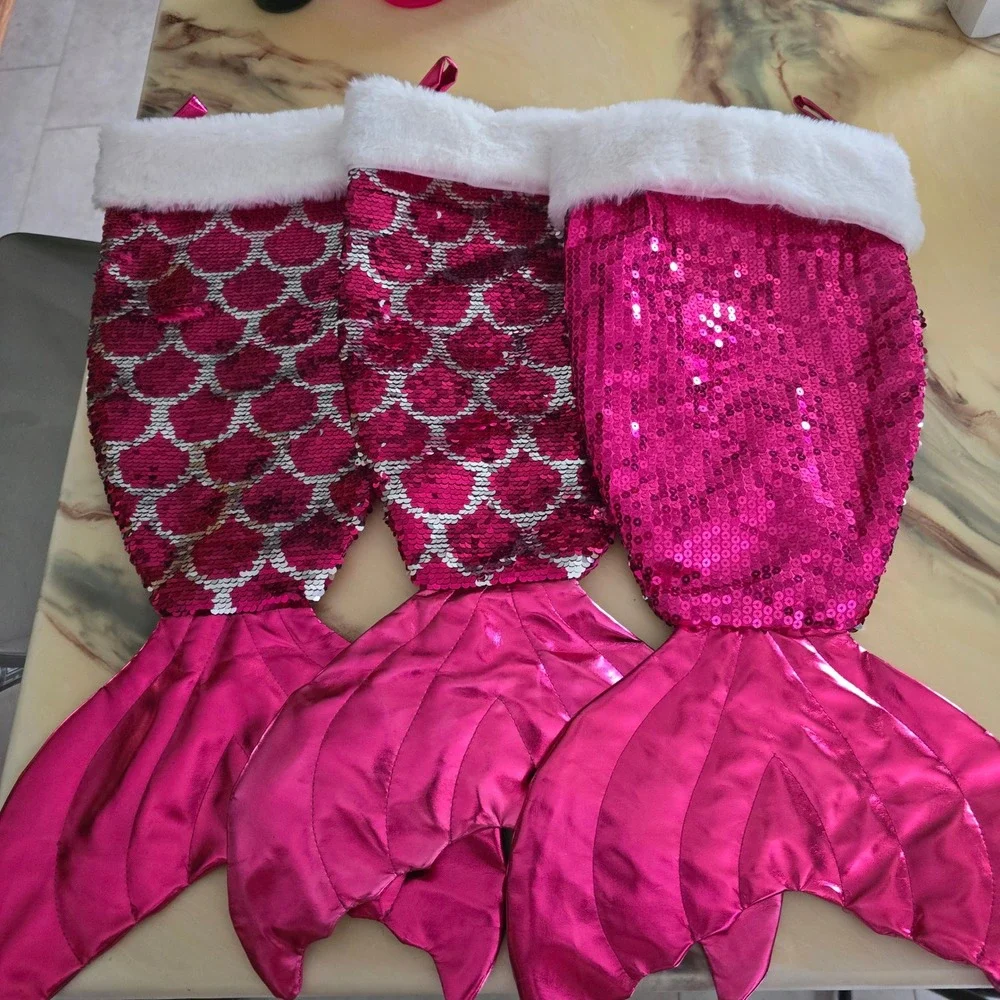 Pink Mermaid Tail Christmas Stocking Set of 3 Sequin Faux Fur Trim Holiday Decor
